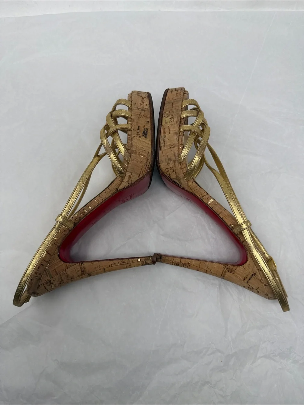 Christian Louboutin Metallic Gold Strappy Cork Platform Heels